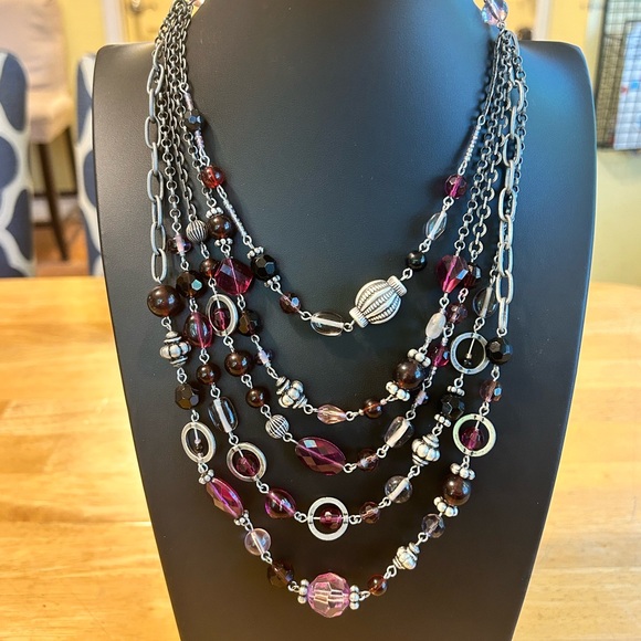L0048 Lia Sophia Statement Necklace 5 strands pink purple bib - Picture 1 of 4